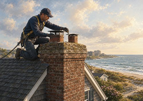 Long Branch chimney service professional from Baron's Chimney Service working on a chimney along the shore.