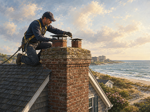 Long Branch chimney service professional from Baron's Chimney Service working on a chimney along the shore.